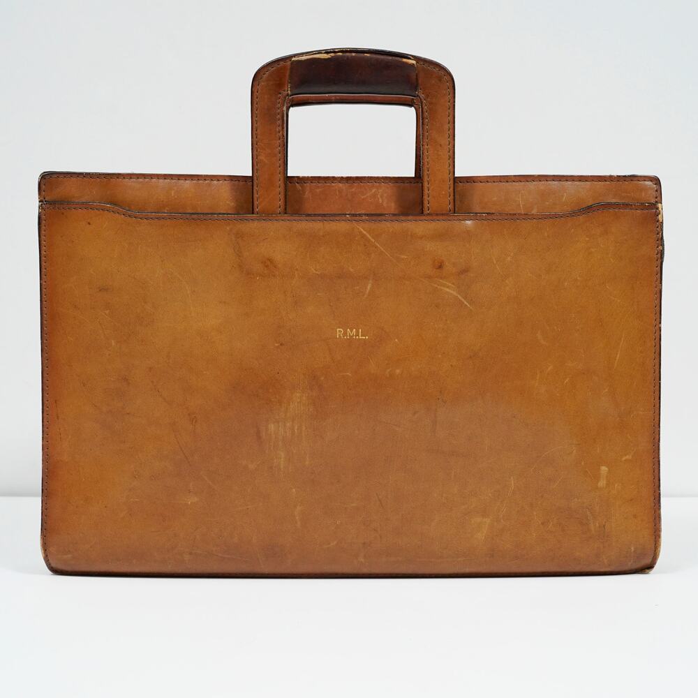 Vintage Brown Leather Attache Briefcase Hidden Handle Patina Minimalist 17”